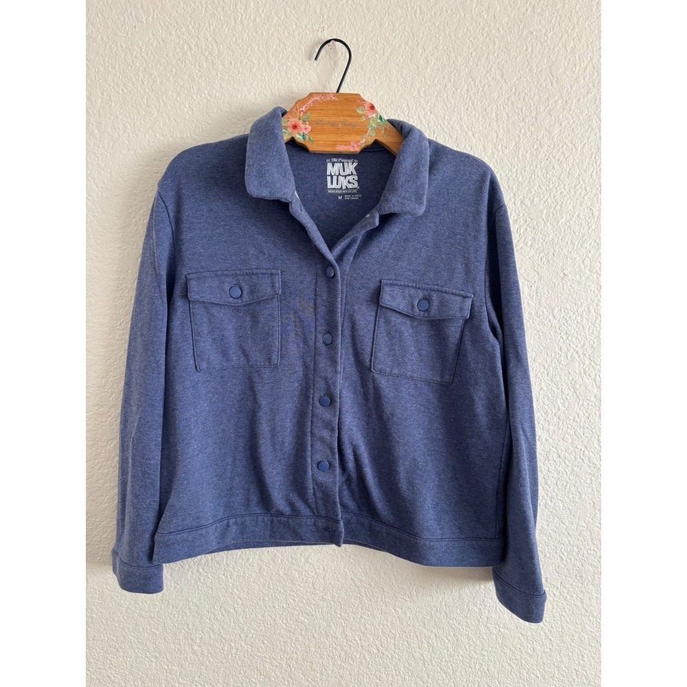 Muk Luks Womens Blue Heathered Knit Snap Front Shacket Shirt Jacket Medium